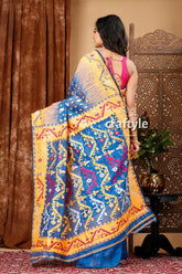 Royal blue and orange classic jamdani saree for women blue yellow patterned saree 5