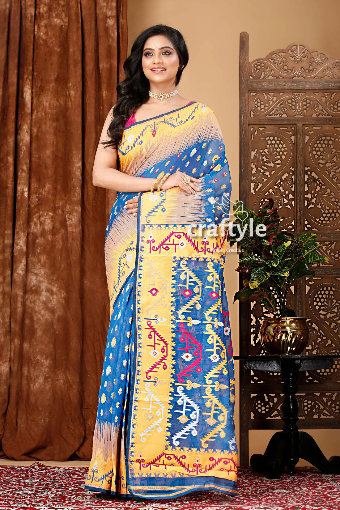 Royal blue and orange classic jamdani saree for women woman blue yellow saree 1