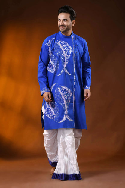 Royal blue cotton kantha punjabi for men with white fish embroidery 4