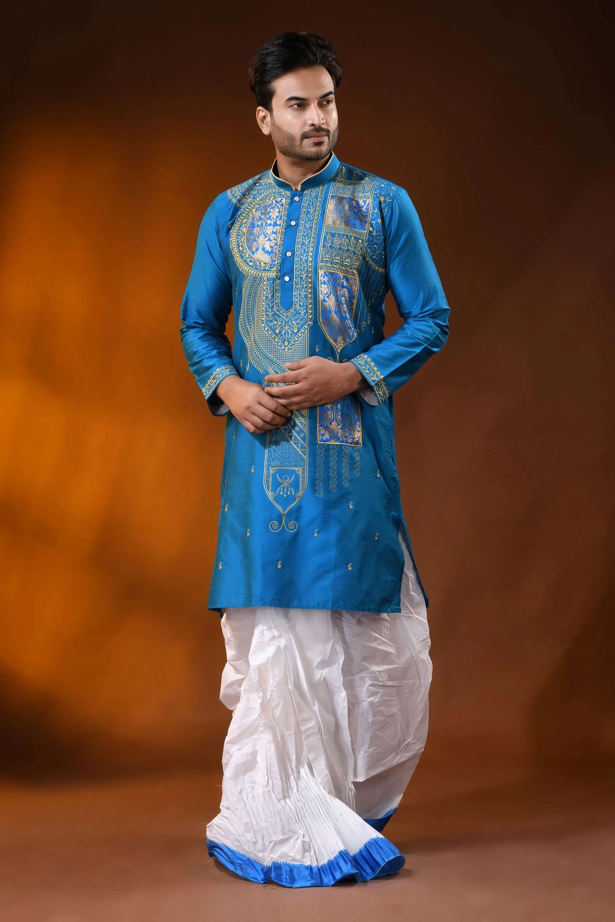 Royal blue cotton silk embroidery kurta for men - paisley ethnic design 6