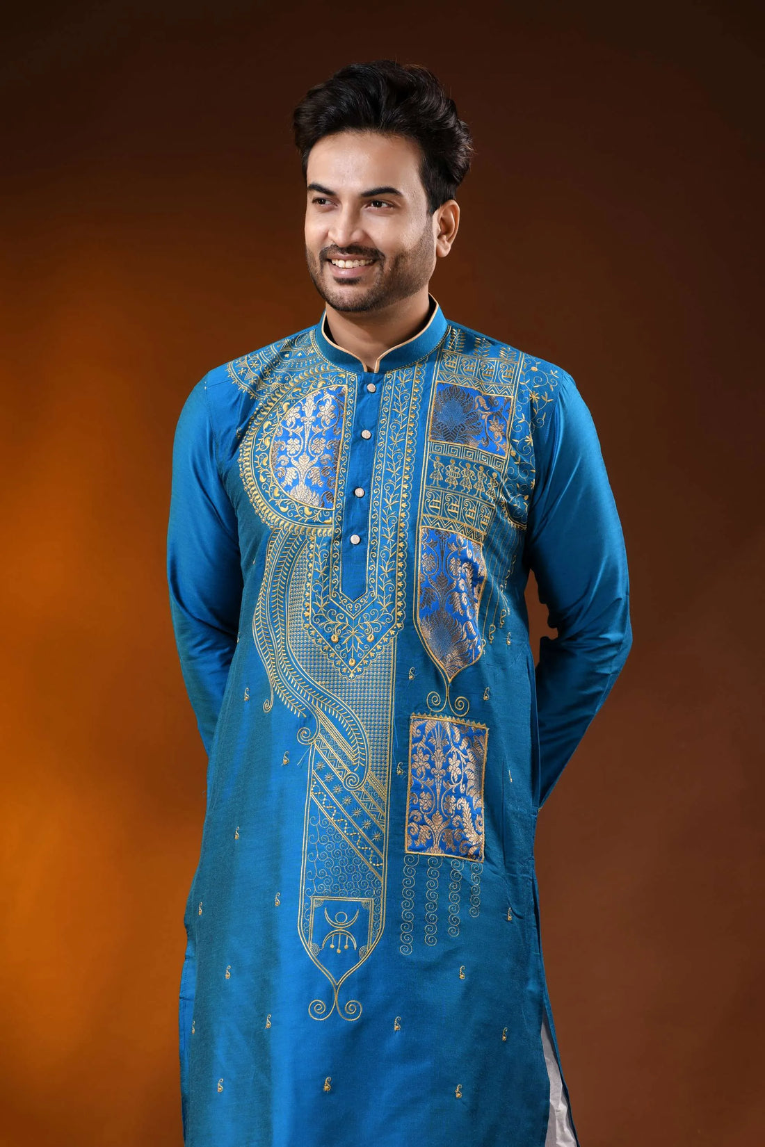 Royal blue cotton silk embroidery kurta for men - paisley ethnic design 2