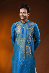Royal blue cotton silk embroidery kurta for men - paisley ethnic design 2