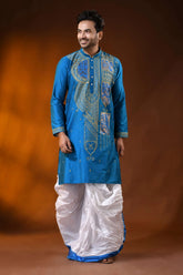 Royal blue cotton silk embroidery kurta for men - paisley ethnic design 3