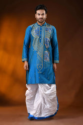 Royal blue cotton silk embroidery kurta for men - paisley ethnic design 1