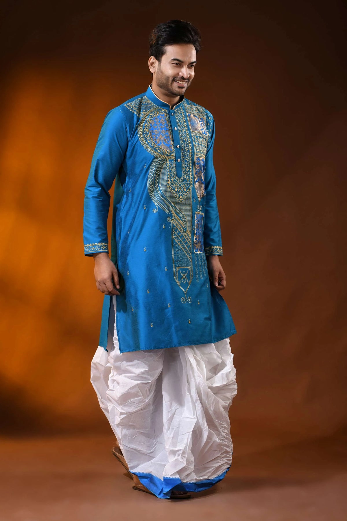 Royal blue cotton silk embroidery kurta for men - paisley ethnic design 4