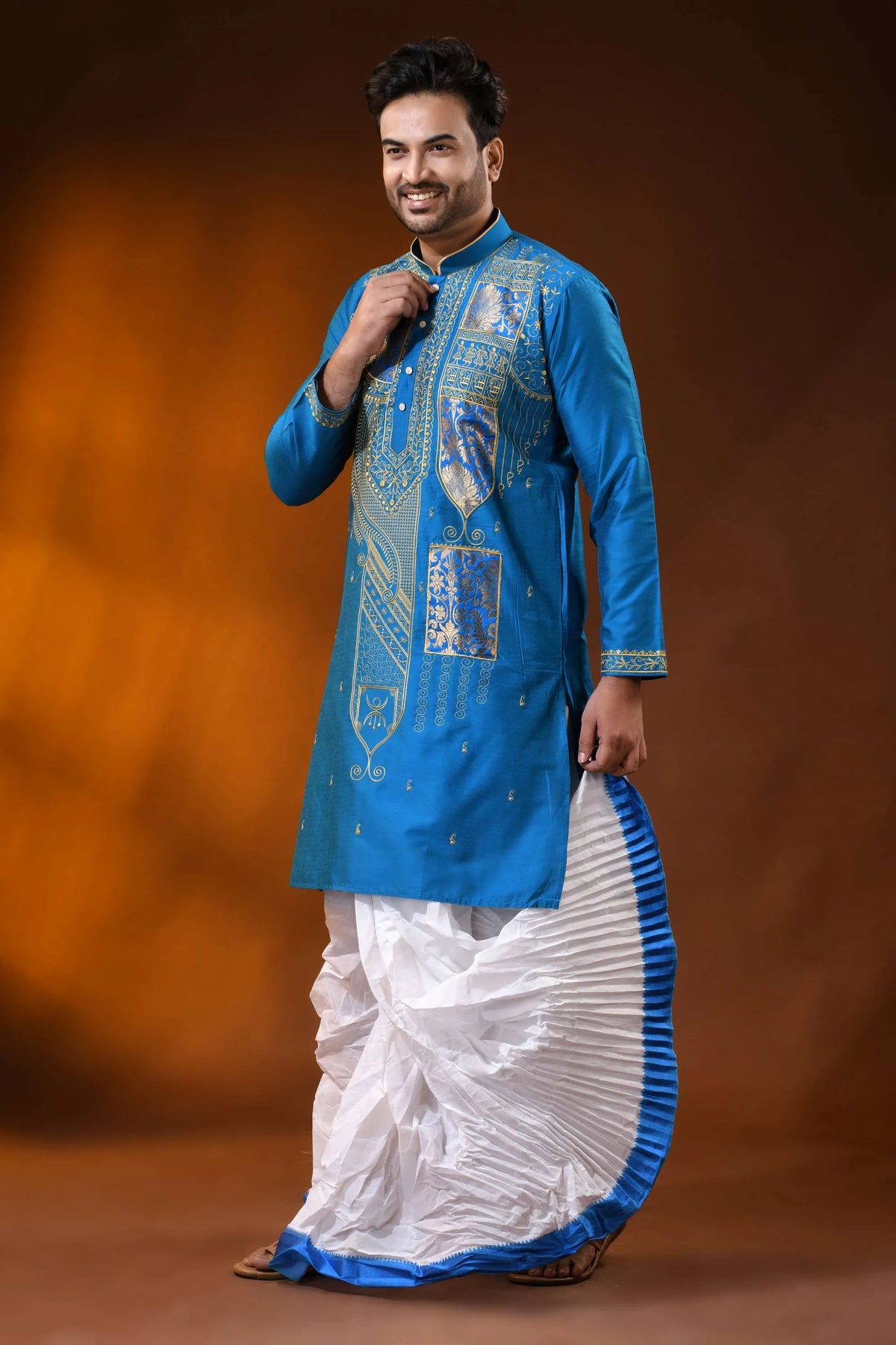 Royal blue cotton silk embroidery kurta for men - paisley ethnic design 7