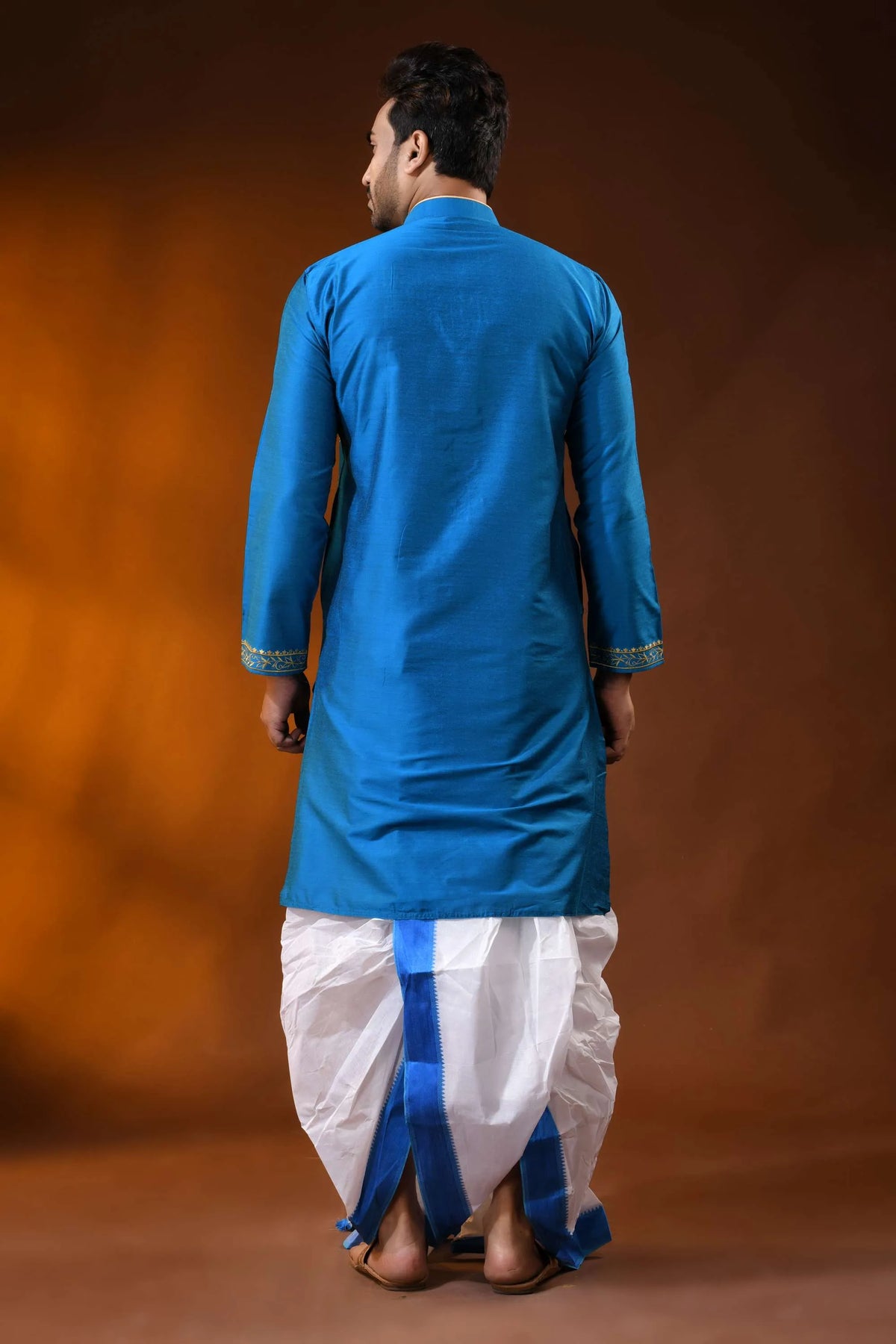 Royal blue cotton silk embroidery kurta for men - paisley ethnic design 5