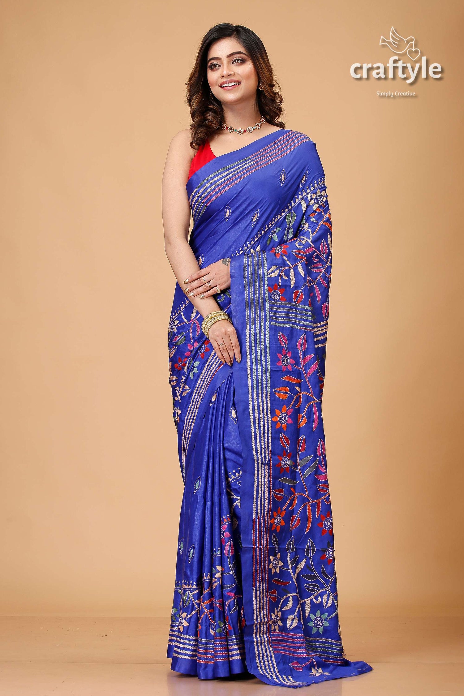 Royal Blue Floral Theme Ethnic Silk Kantha Saree-Craftyle