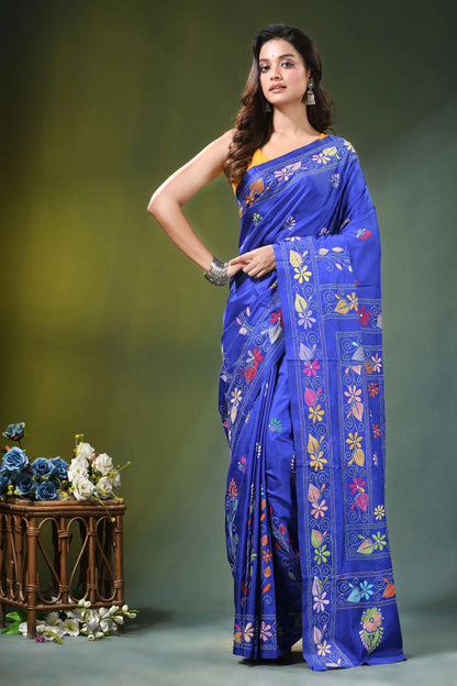 Royal blue hand embroidered multicolor floral kantha silk saree vibrant 6