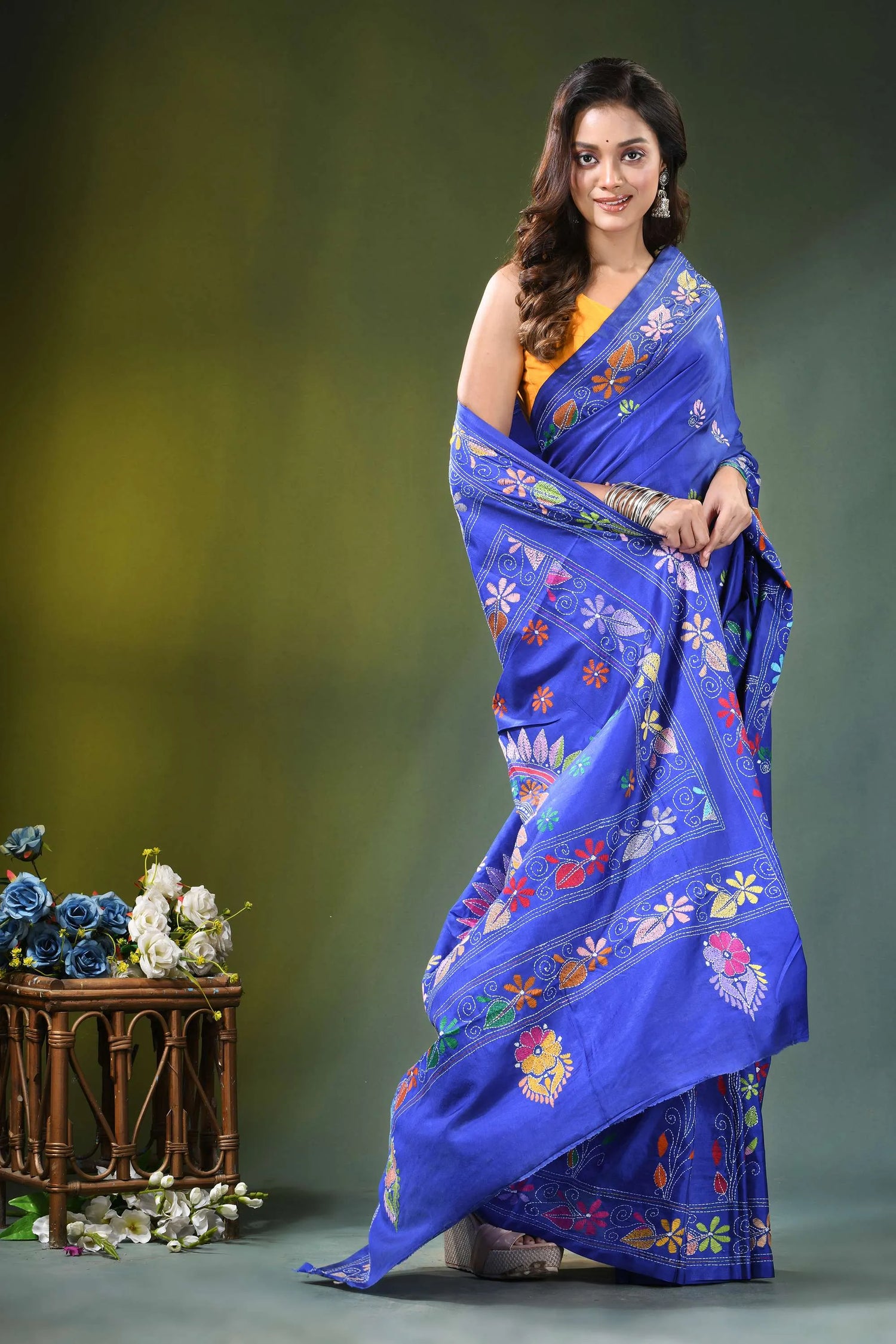 Royal blue hand embroidered multicolor floral kantha silk saree vibrant adorned 5