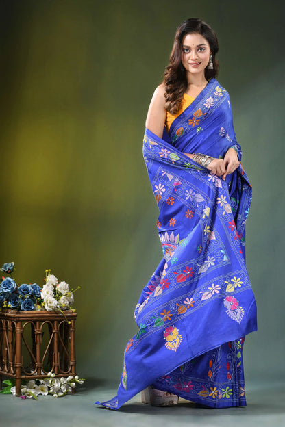 Royal blue hand embroidered multicolor floral kantha silk saree vibrant adorned 5