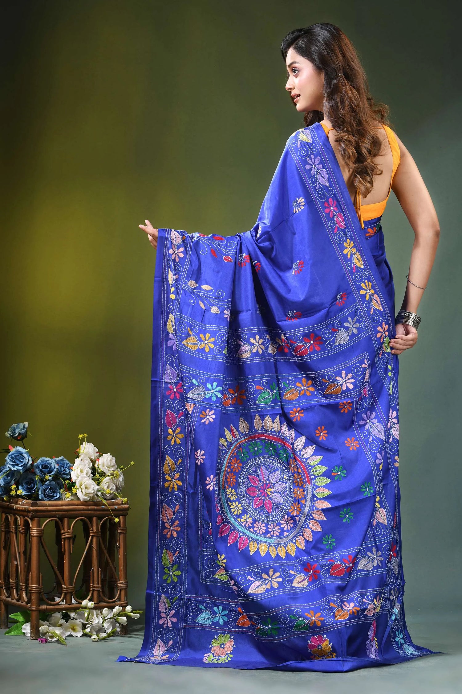 Royal blue hand embroidered multicolor floral kantha silk saree vibrant adorned 4