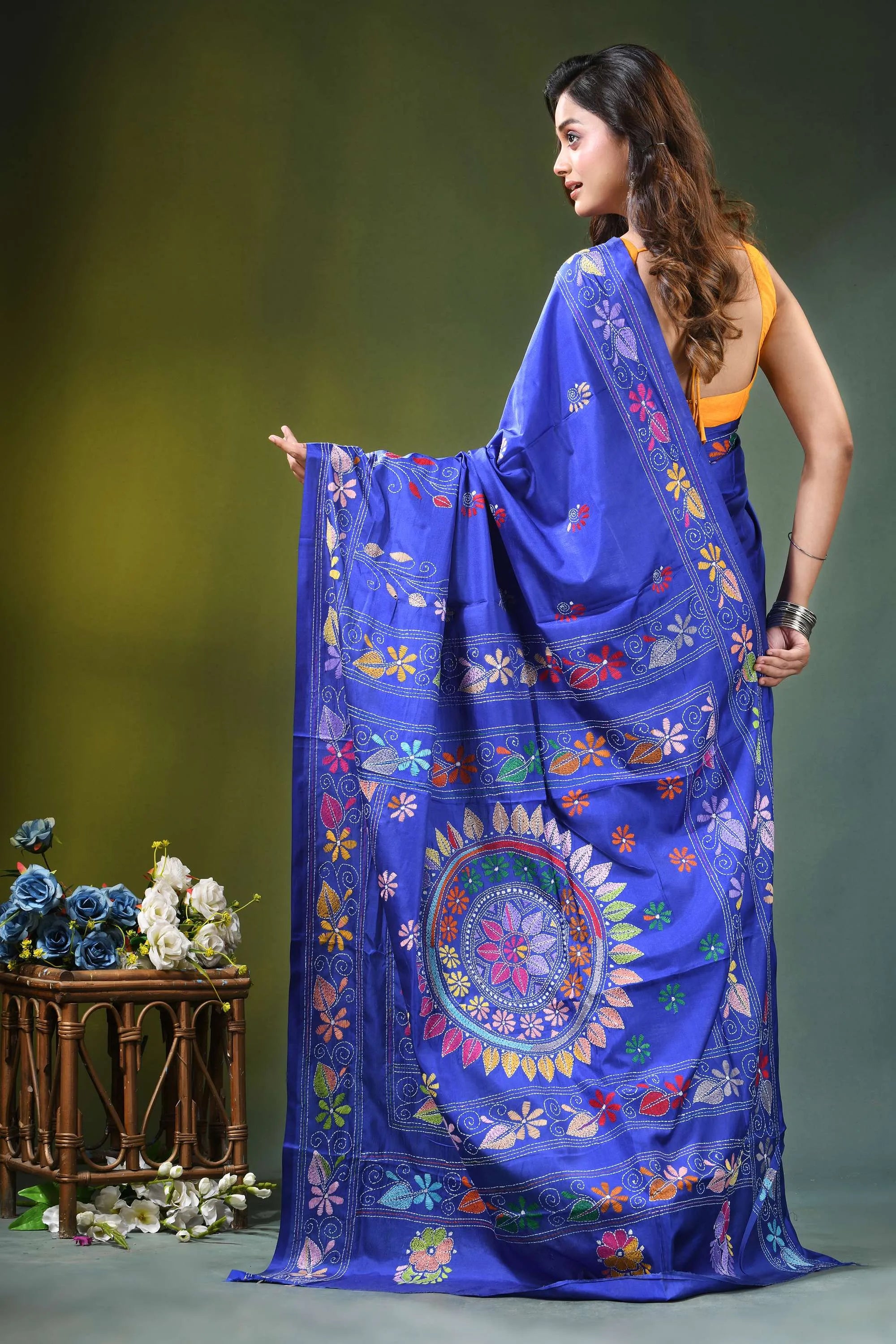 Royal blue hand embroidered multicolor floral kantha silk saree vibrant adorned 4