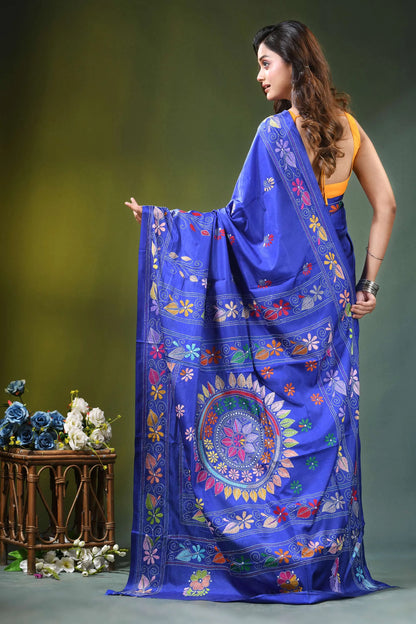 Royal blue hand embroidered multicolor floral kantha silk saree vibrant adorned 4