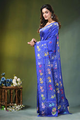 Royal blue hand embroidered multicolor floral kantha silk saree vibrant 3