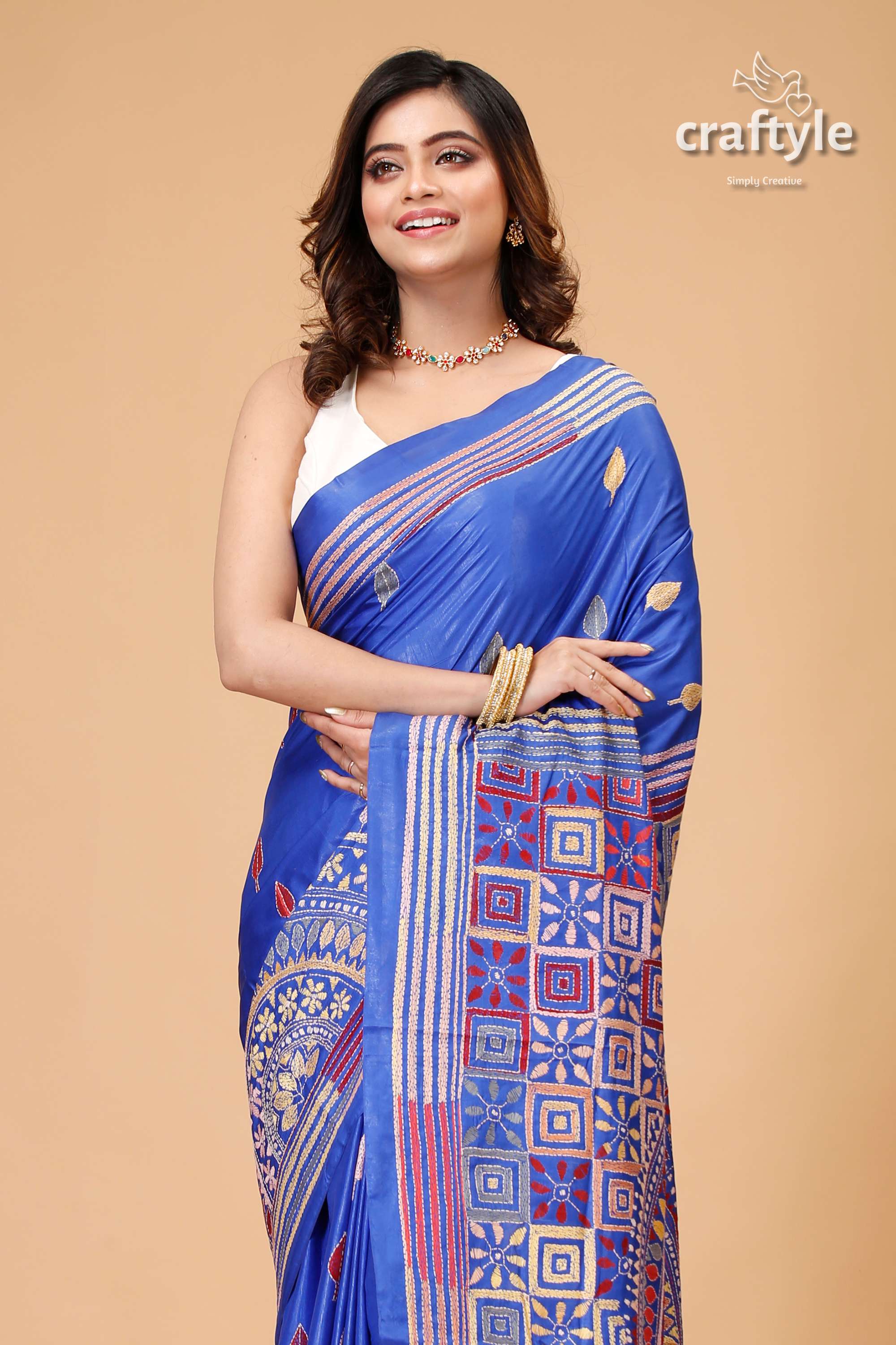 Royal Blue Hand Embroidered Silk Kantha Saree - Craftyle