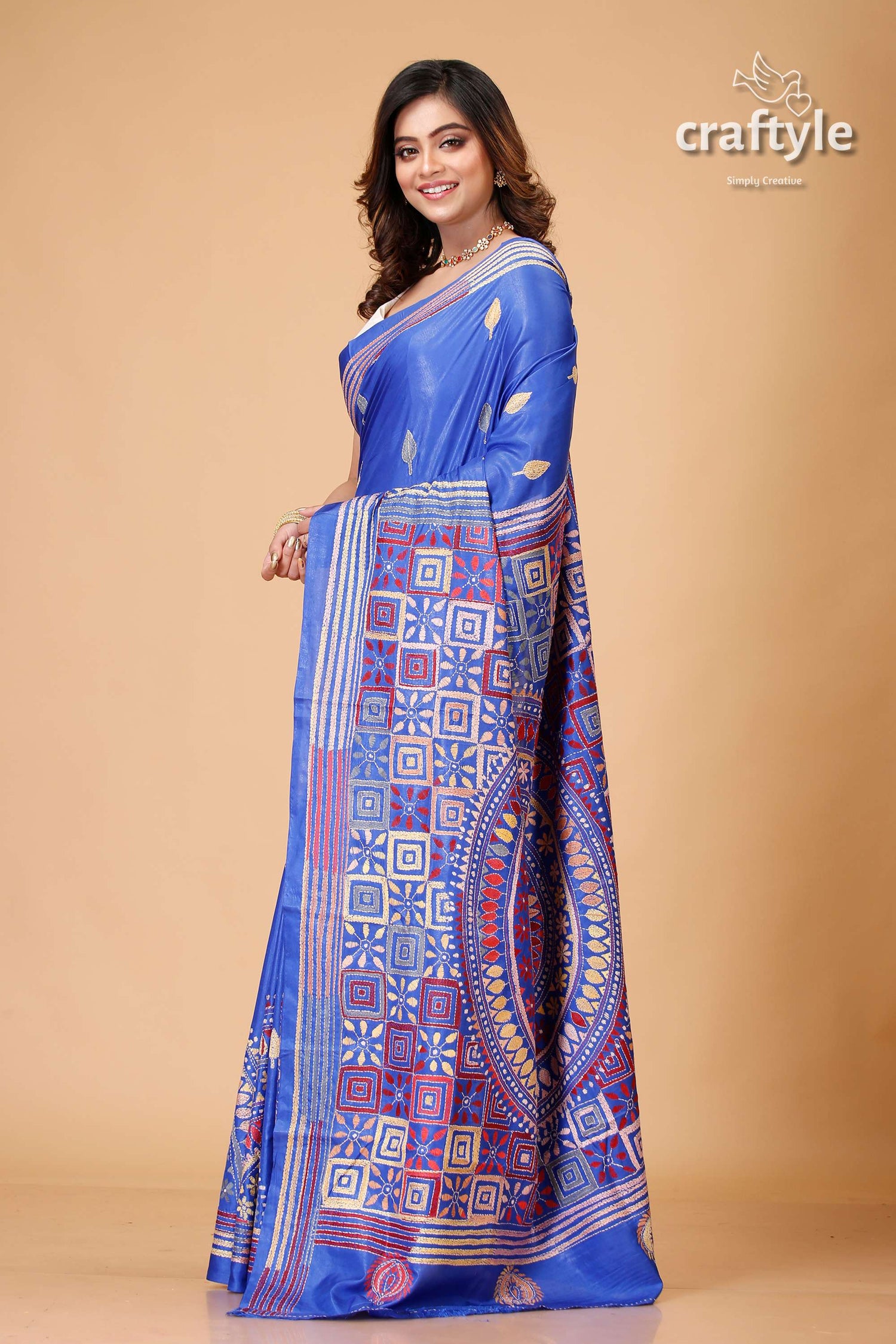 Royal Blue Hand Embroidered Silk Kantha Saree - Craftyle