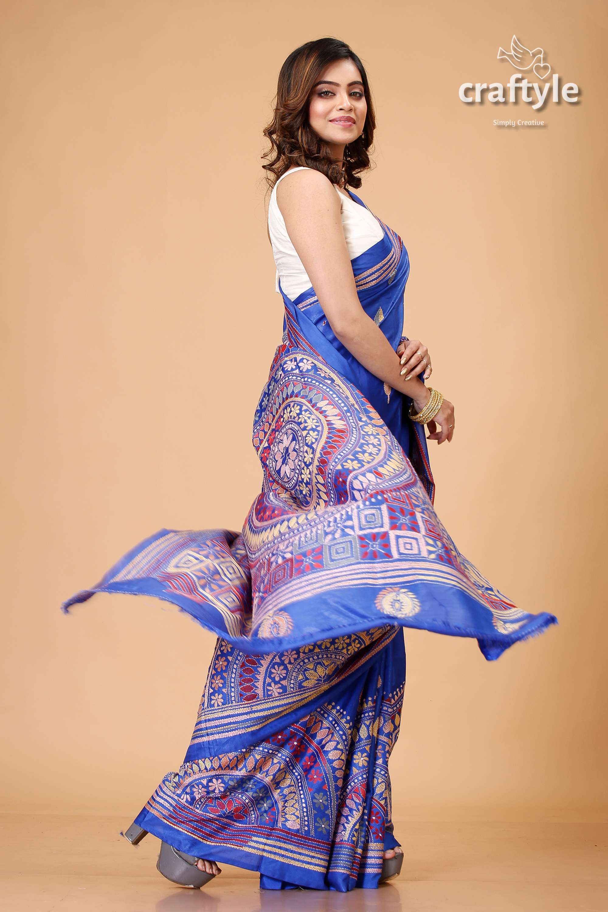 Royal Blue Hand Embroidered Silk Kantha Saree - Craftyle