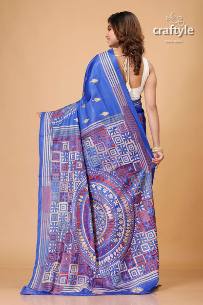 Royal Blue Hand Embroidered Silk Kantha Saree - Craftyle