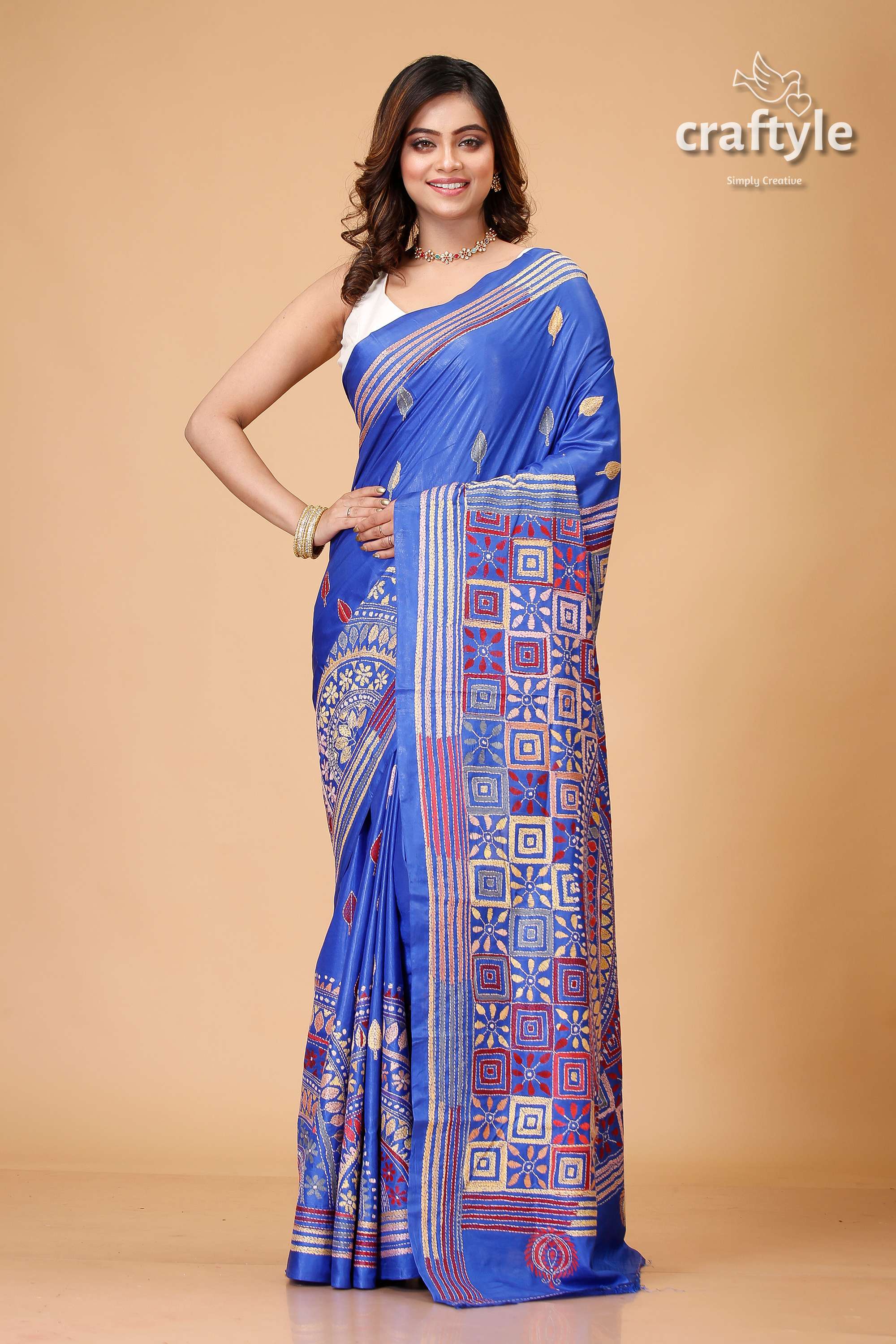Royal Blue Hand Embroidered Silk Kantha Saree - Craftyle