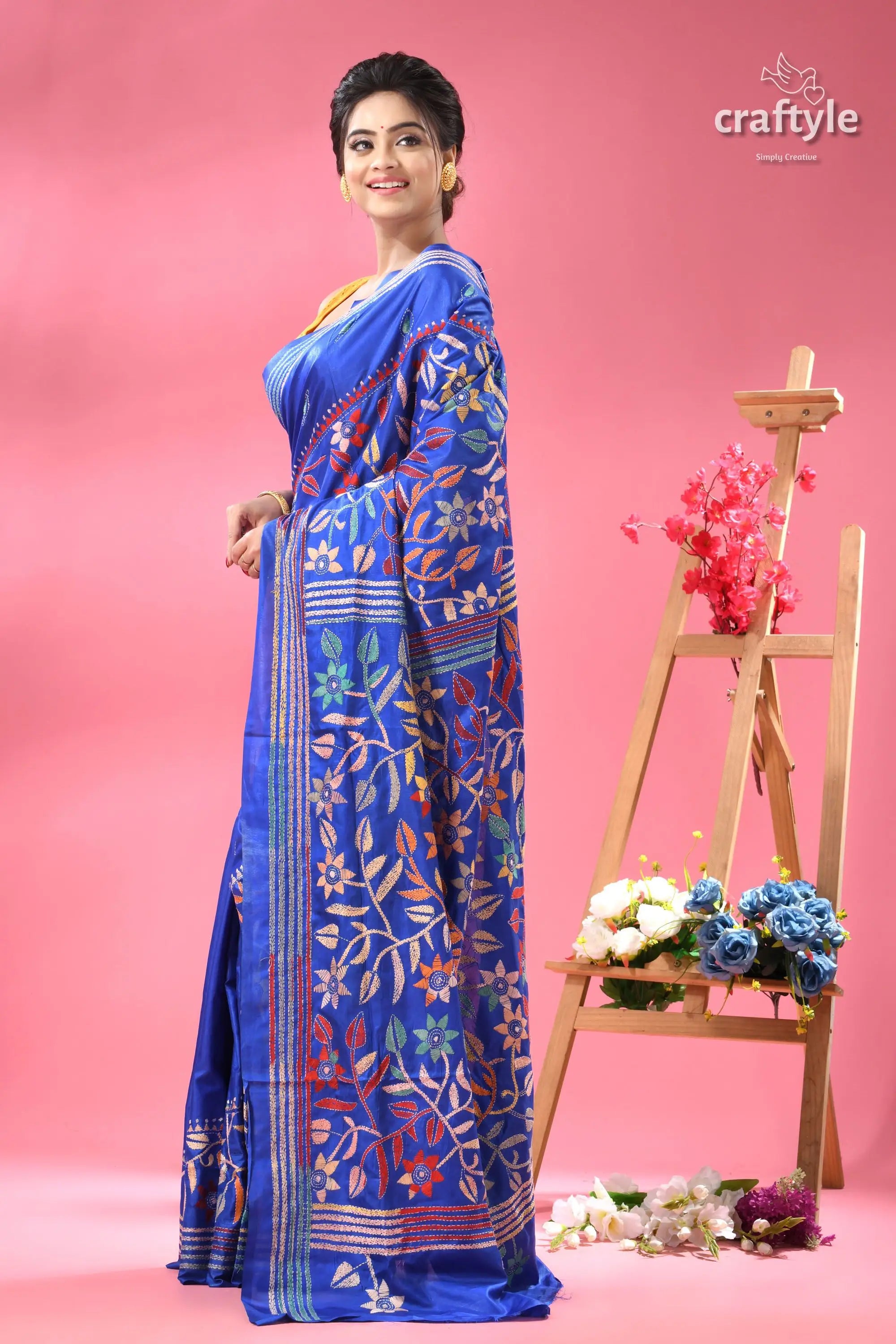 Royal blue hand kantha silk saree with floral design woman blue saree floral embroidery 4