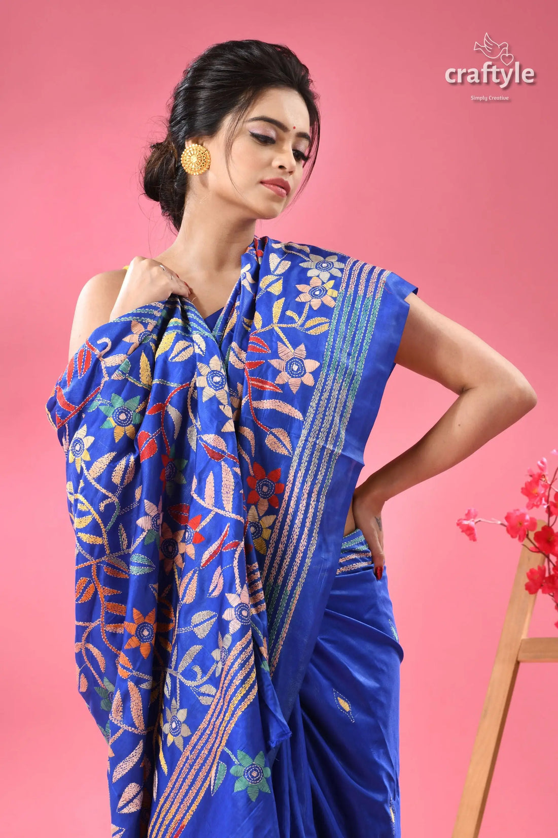 Royal blue hand kantha silk saree with floral design woman vibrant blue floral embroidered 2