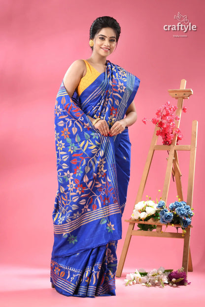 Royal blue hand kantha silk saree with floral design woman blue floral printed silk 3
