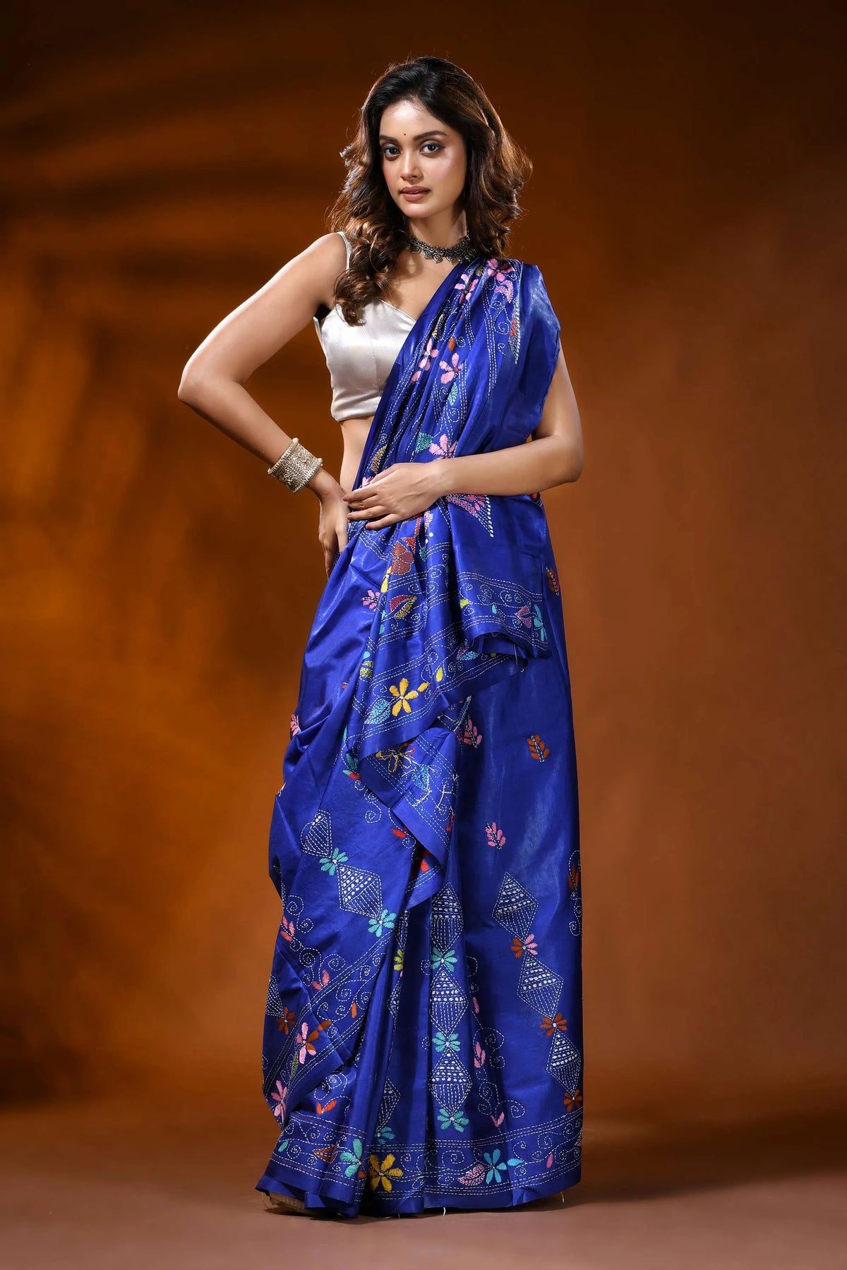 Royal blue kantha silk saree with hand embroidered floral design 4