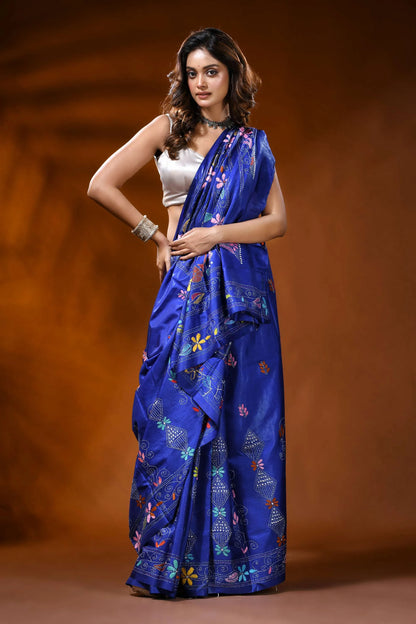 Royal blue kantha silk saree with hand embroidered floral design 4