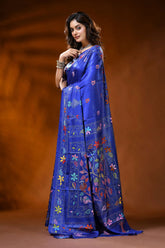Royal blue kantha silk saree with hand embroidered floral design 3