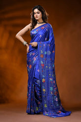 Royal blue kantha silk saree with hand embroidered floral design 6
