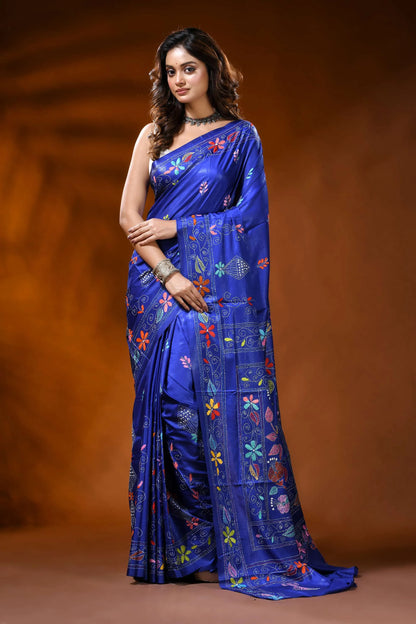 Royal blue kantha silk saree with hand embroidered floral design 1