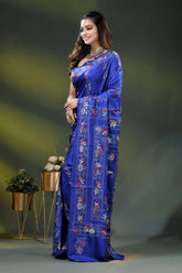 Royal blue multi-thread floral motif handcrafted kantha stitch silk saree 3