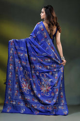 Royal blue multi-thread floral motif handcrafted kantha stitch silk saree 5