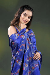 Royal blue multi-thread floral motif handcrafted kantha stitch silk saree 2