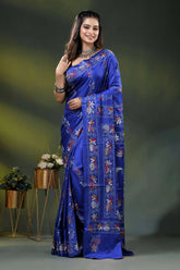 Royal blue multi-thread floral motif handcrafted kantha stitch silk saree 1