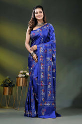 Royal blue multi-thread floral motif handcrafted kantha stitch silk saree 6