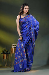 Royal blue multi-thread floral motif handcrafted kantha stitch silk saree 4