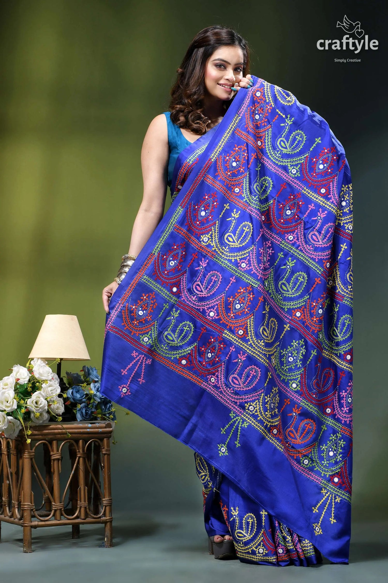 Royal blue multi-thread gujrati stitch premium kantha silk saree vibrant royal blue saree adorned 5