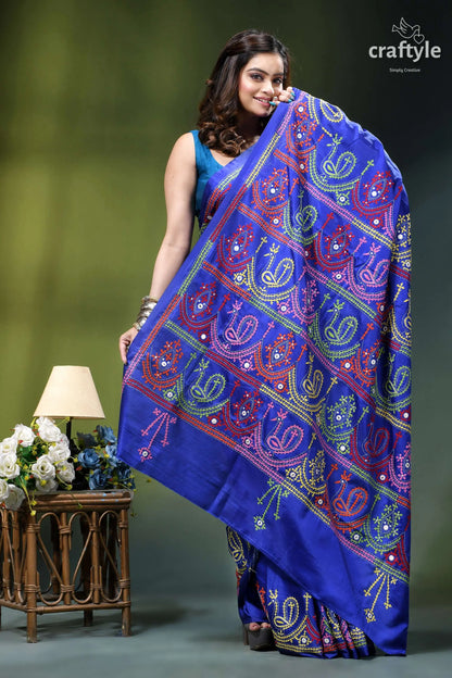 Royal blue multi-thread gujrati stitch premium kantha silk saree vibrant royal blue saree adorned 5