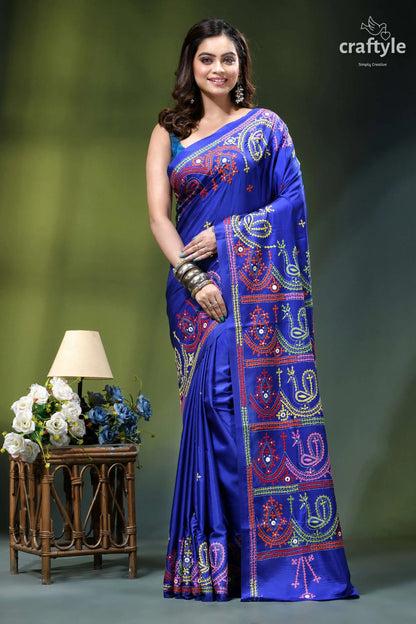 Royal blue multi-thread gujrati stitch premium kantha silk saree vibrant royal blue silk saree 1