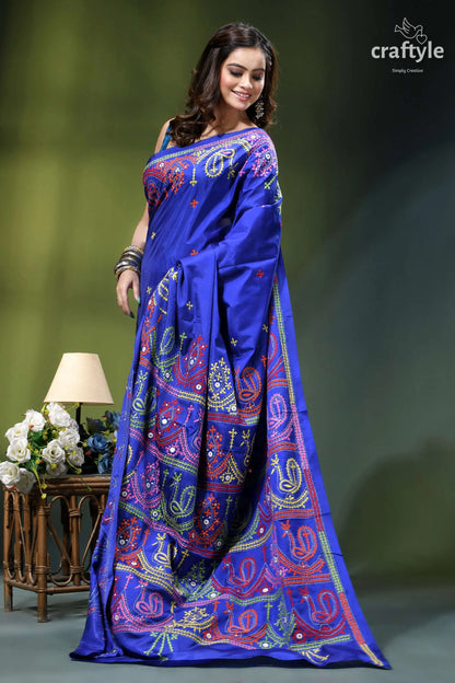 Royal blue multi-thread gujrati stitch premium kantha silk saree vibrant royal blue silk saree 4