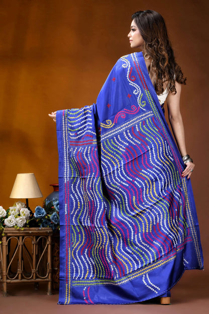 Royal blue multithread kutch embroidered silk saree - handmade vibrant royal blue saree intricate 6
