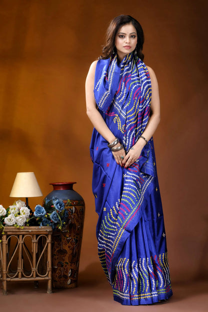 Royal blue multithread kutch embroidered silk saree - handmade vibrant royal blue saree intricate 4