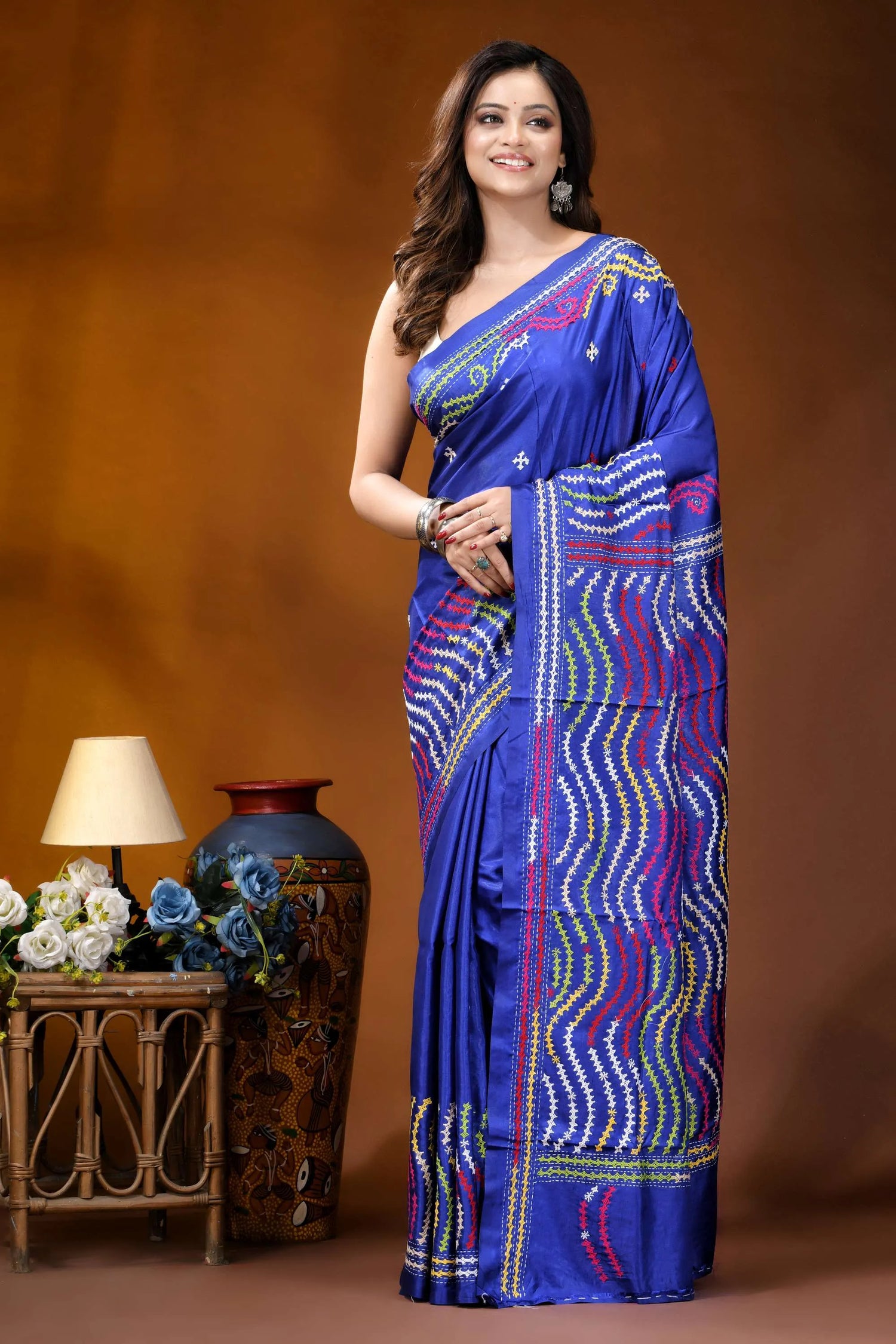 Royal blue multithread kutch embroidered silk saree - handmade vibrant royal blue saree intricate 5