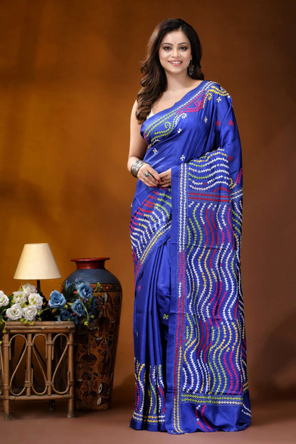 Royal blue multithread kutch embroidered silk saree - handmade vibrant royal blue saree intricate 1