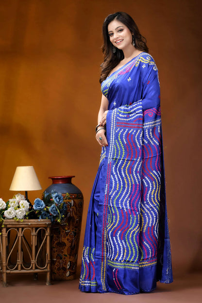Royal blue multithread kutch embroidered silk saree - handmade vibrant royal blue saree intricate 3