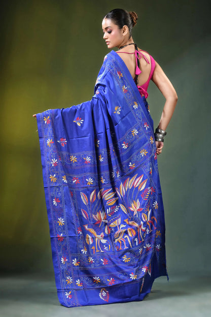 Royal blue nature theme hand embroidery silk kantha saree vibrant 5