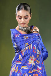 Royal blue nature theme hand embroidery silk kantha saree vibrant adorned 2
