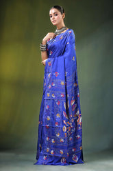 Royal blue nature theme hand embroidery silk kantha saree vibrant 3